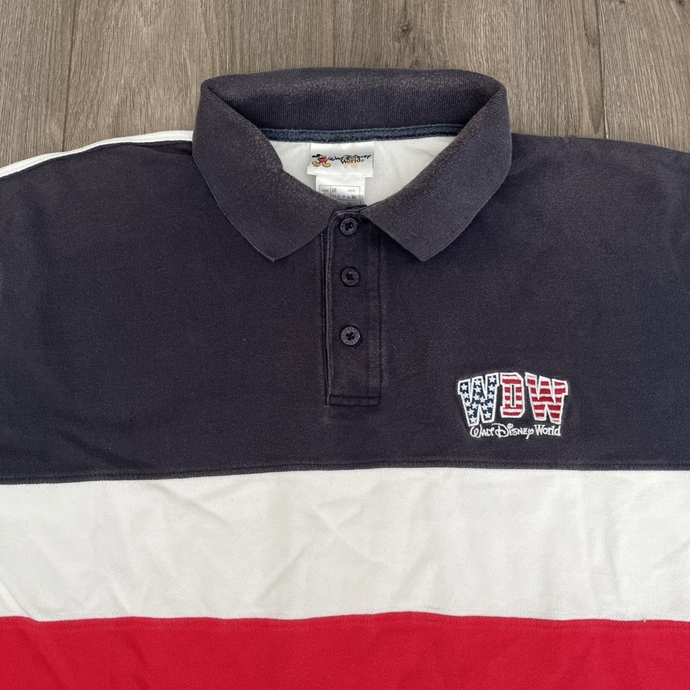 Walt Disney World WDW Red White Blue Stars Stripes Polo Shirt Short Sleeve Men L - Picture 2 of 7